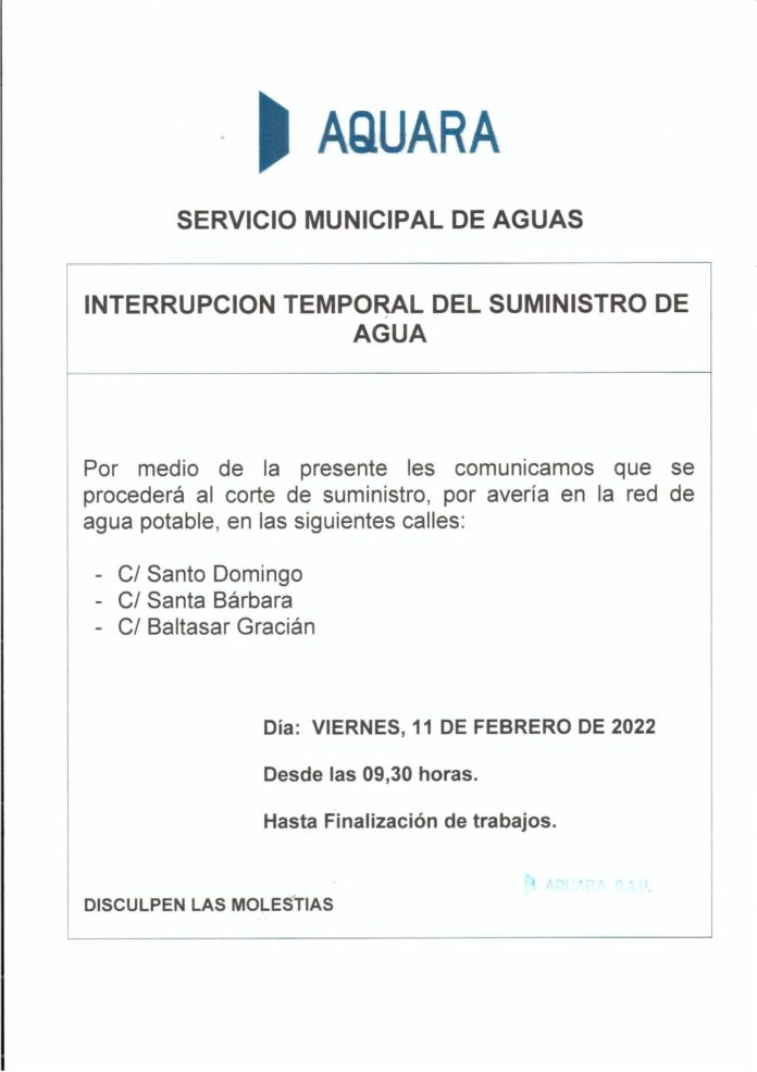 Graus. CORTE DE AGUA DÍA 11 FEBRERO 2022