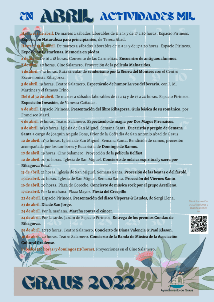 Programa de las actividades culturales y sociales en Graus en el mes de abril