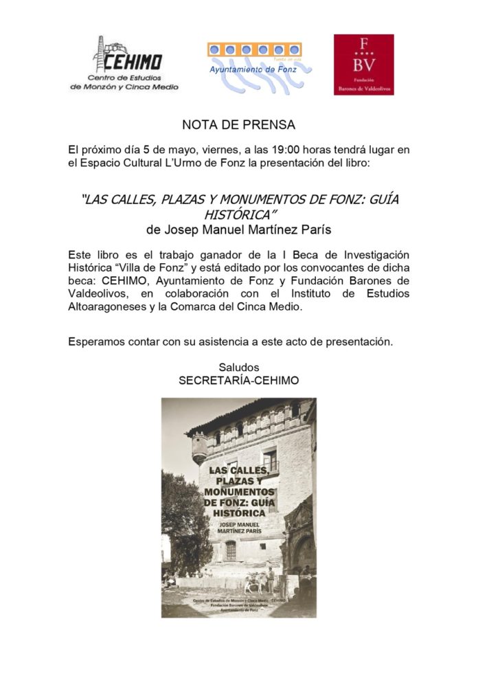 FONZ: Presentación del libro 'Las calles, plazas y monumentos de Fonz: guía histórica'