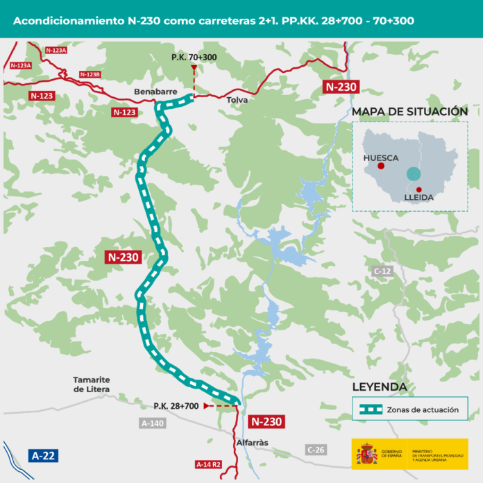 Mitma licita por 2 millones de euros el proyecto para acondicionar la N-230 como carretera 2+1 entre Alfarrás y Benabarre