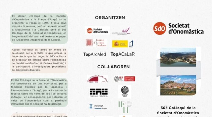 El 50 coloquio de la Societat d’Onomàstica se celebrará entre Mequinenza y Calaceite con la onomástica aragonesa como protagonista